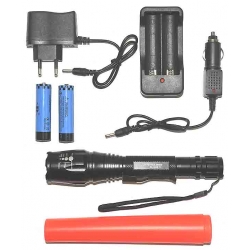 Latarka policyjna sygnalizacyjna LED SUPER CREE BL8668 ładowalna 230 V i 12 V z nasadką czerwoną
